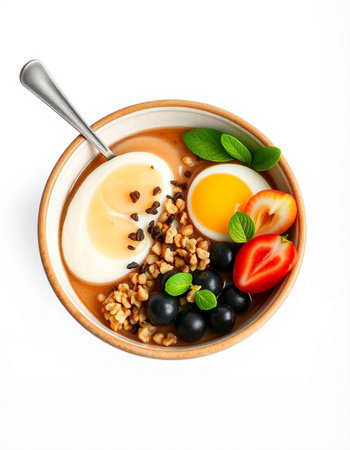 Bowl of oatmeal with soft-boiled egg and fresh berries