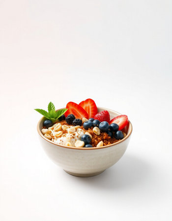bowl of oatmeal with berries and mint isolated on white background, healthy breakfast