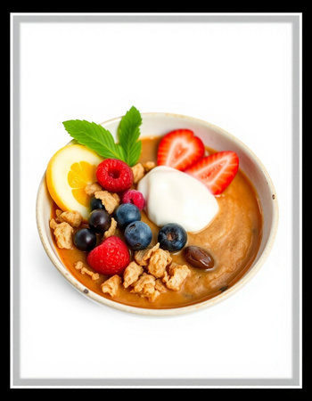 Bowl of oatmeal with fresh berries and yogurt on white background