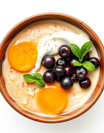 Omelet with fresh berries in a bowl on a white background