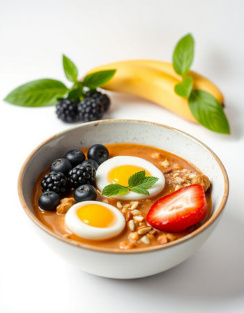 Bowl of oatmeal with fresh berries and egg on white background