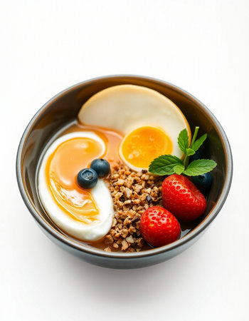 Healthy breakfast bowl with muesli, eggs and fresh berries