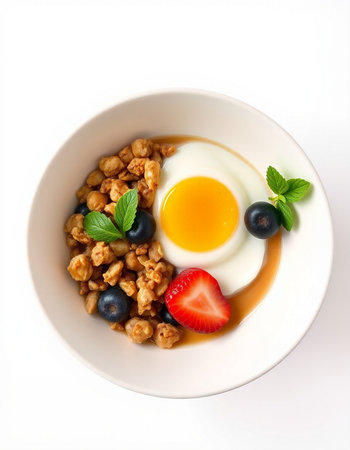 Healthy breakfast with granola, yogurt and egg on white background