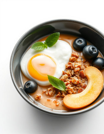 Bowl of oatmeal porridge with fresh fruits and fried egg