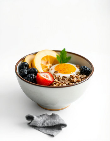 Healthy breakfast bowl with oatmeal, berries and fruits on white background