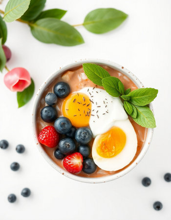 Yogurt with blueberries, strawberries and eggs in a bowl on a white background