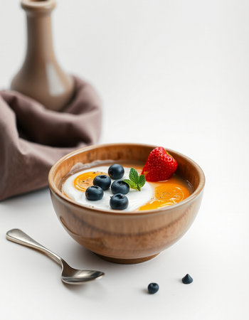 Yogurt with blueberries and strawberries in a wooden bowl on a white background