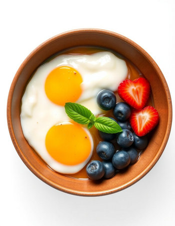 Breakfast with fried eggs, blueberries and strawberries isolated on white background