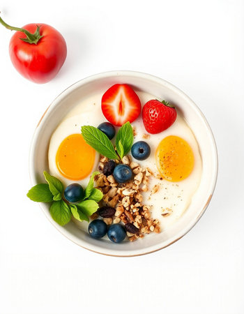 Healthy breakfast. Oatmeal with yogurt, fresh berries and eggs on white background