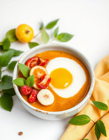 Tomato soup with egg, raspberries and strawberries in a ceramic bowl
