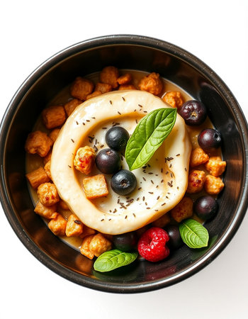 Healthy breakfast with oatmeal, nuts, berries and fruits.