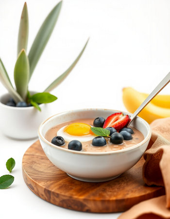 Healthy breakfast bowl with oatmeal, blueberries and strawberries on white background