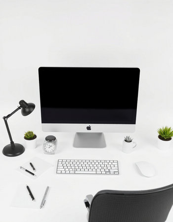Modern workspace with blank computer screen, keyboard, mouse, pen, coffee cup and other items. Mock...