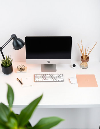 workplace with computer, stationery and plants on white table in office