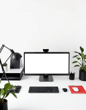 Modern workspace with blank computer screen, keyboard, mouse, stationery and houseplant. Mock up
