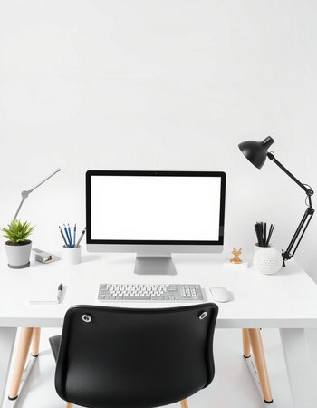 Close up of modern designer desktop with blank white computer screen, stationery and supplies. Mock...