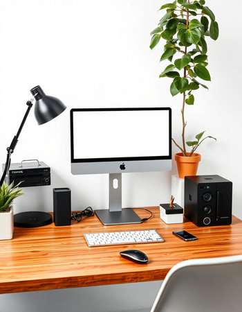 Modern workspace with computer monitor, keyboard, mouse, mouse, keyboard, coffee cup and accessories...