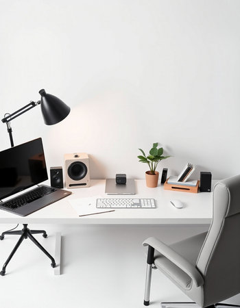 Modern workplace with computer, lamp and stationery. 3d render