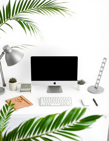 Modern workspace with computer, keyboard, stationery and palm leaves. 3D Rendering