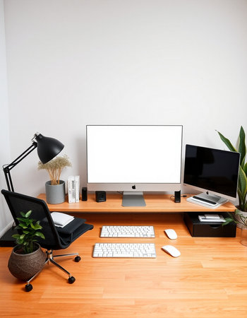 Modern office interior with computer, keyboard, mouse, chair and plant