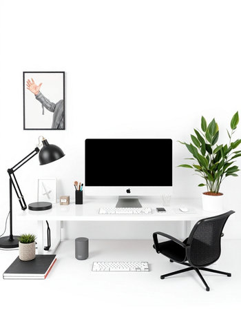 Workplace with computer, lamp and plant on white wall background.