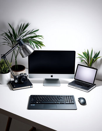 Modern office workspace with computer, keyboard, mouse and plants. 3D Rendering