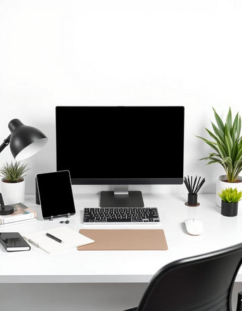 Modern workplace with computer, smartphone and other items. Workplace concept