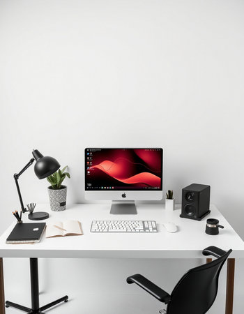 workplace with computer, mouse, keyboard, stationery and lamp