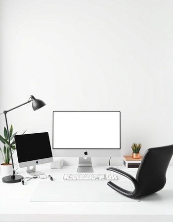 Modern desktop with blank white computer screen and office supplies. 3D Rendering