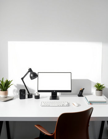 Modern workspace with blank screen computer, coffee cup, stationery and other items. Mock up