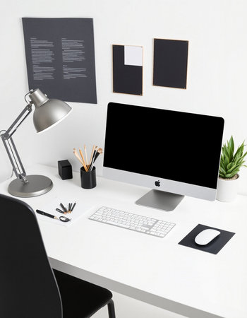 Modern workplace with computer, lamp and stationery on table. Mock up