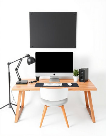 Modern workplace with computer and blank screen on white background. 3D rendering.