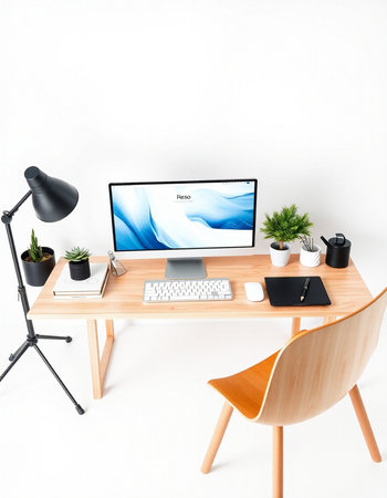 Modern workspace with computer and accessories on white background. 3d rendering.