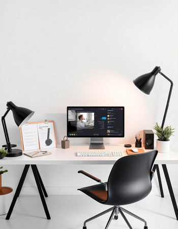 Comfortable workplace with computer, lamp and stationery. Workplace concept