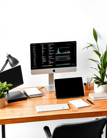 workplace with computer and tablet on wooden table, isolated on white