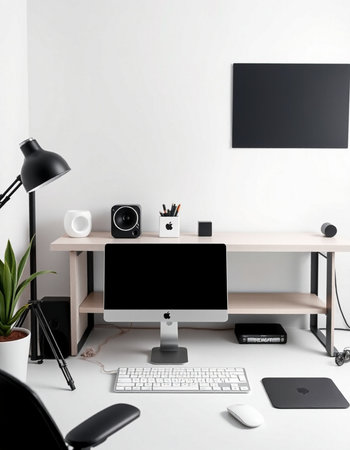 Modern workspace with computer, keyboard and other items. 3D Rendering