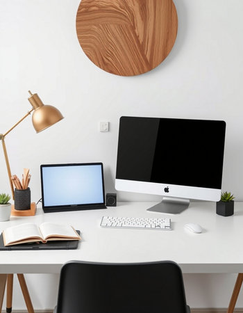 Modern workplace with blank screen computer, supplies and other items on table