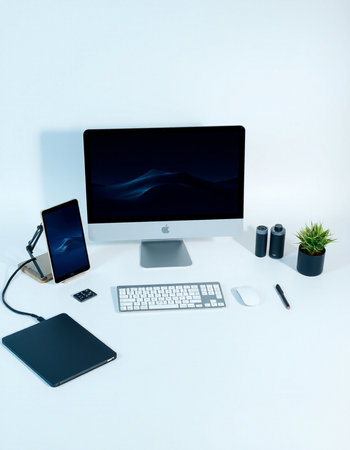 Workplace with computer, mobile phone and office supplies on white background