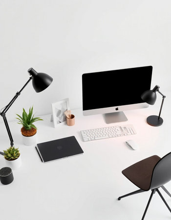 Modern workspace with computer, devices and decorations. Mock up, 3D Rendering