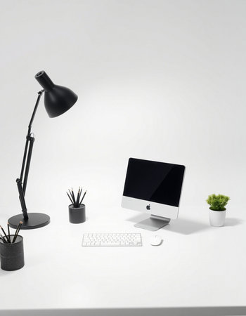 Modern workspace with computer, keyboard, lamp and plant. 3D Rendering