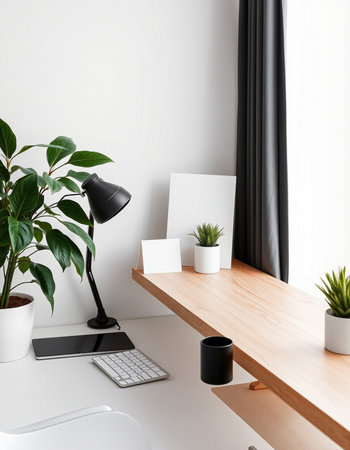 White office desk with computer, smartphone and plant. 3d render