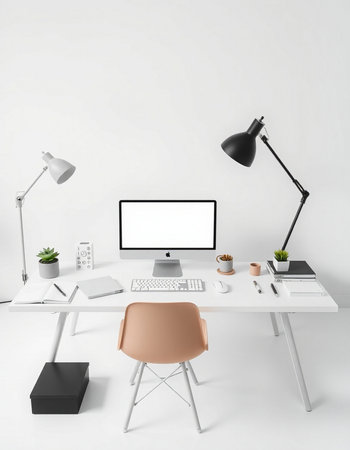 Modern workspace with blank computer monitor, coffee cup and other items. Mock up, 3D Rendering
