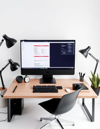 Designer desktop with computer, lamp and other objects. 3d render