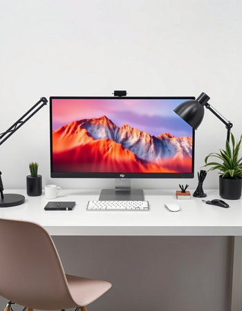 Modern workspace with computer, keyboard and mouse. 3d rendering.