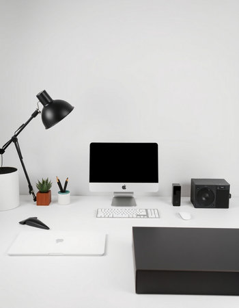 workplace with computer, mouse, lamp and stationery on white background