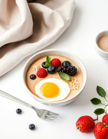 Healthy breakfast. Oatmeal porridge with fresh berries and egg on white backgroundの写真素材