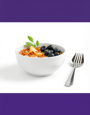 bowl of pasta with black olives and mint on white and purple backgroundの写真素材