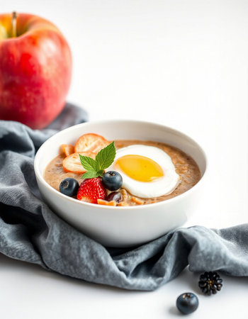 Oatmeal porridge with berries and egg in a bowl on a white background