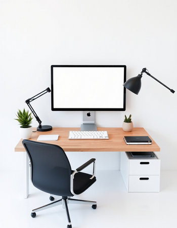 Modern workplace with computer and blank screen. Mock up, 3D Rendering