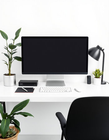 Front view of modern workplace with blank computer screen, stationery and plants. Mock up